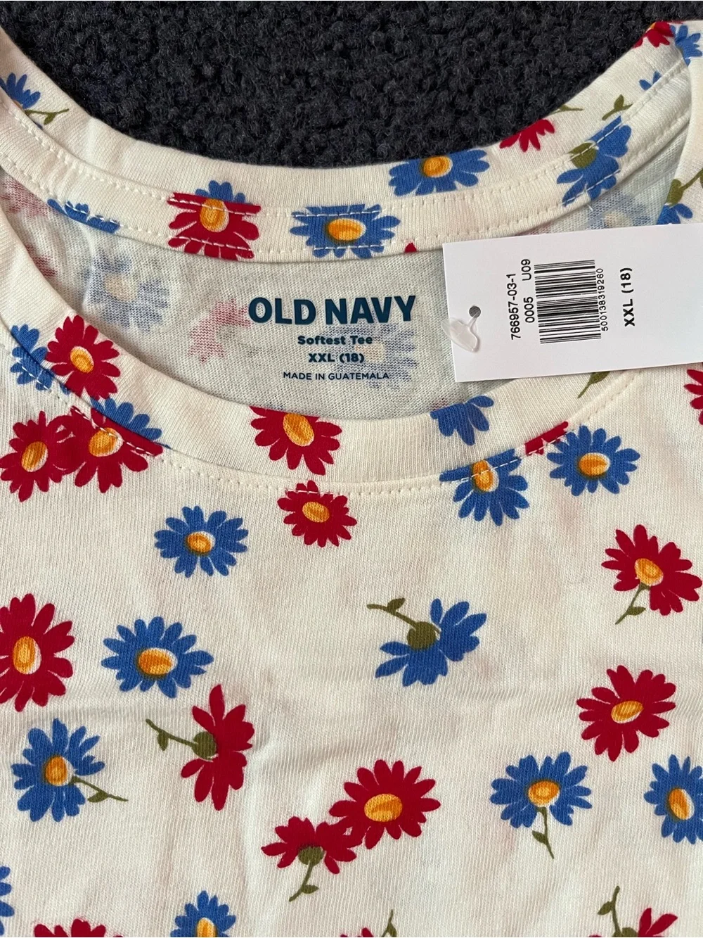 Old Navy Cream Short Sleeve Tee with Red & Blue Floral Print